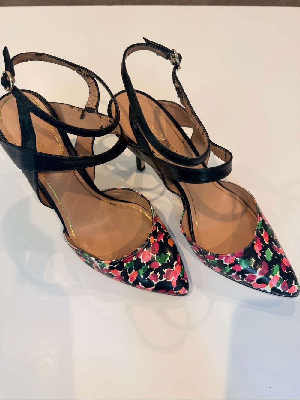 Enzo Angiolini Black Ankle-Strap Pointed Heels with Multicolor Floral Toe